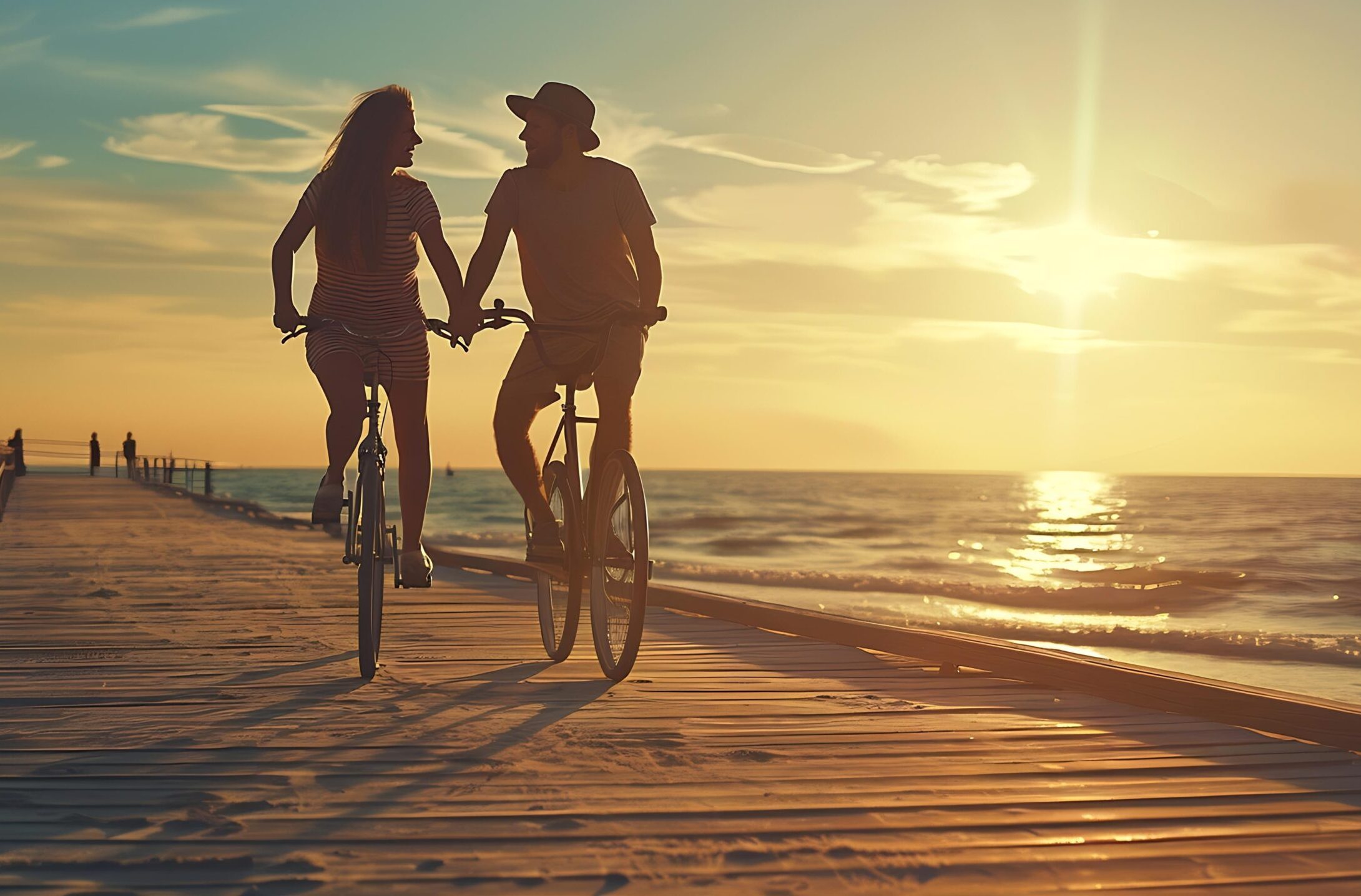 Couple of young hipsters cycling together at the beach at sunrise sky at wooden deck summer time : Generative AI